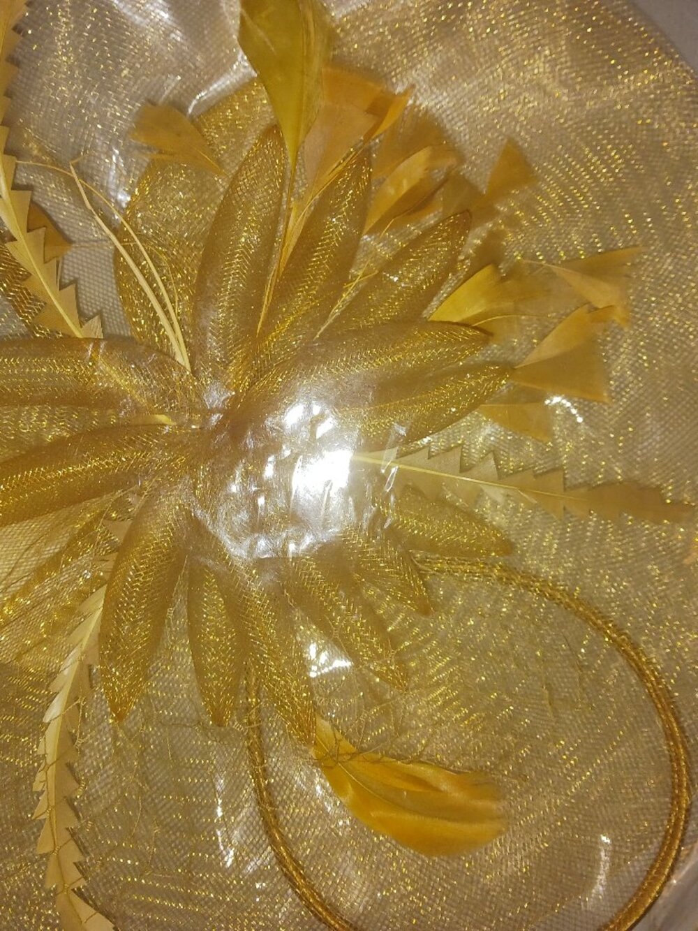 Gold Fascinator Hat Headband with Feathers & Mesh Kentucky Derby Wedding NWT